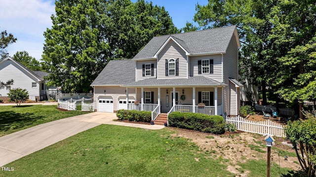 6509 Virgilia Ct, Raleigh, NC 27616 - view of front of property featuring a porch, a front yard, a garage, fence, and concrete driveway