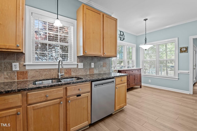 6509 Virgilia Ct, Raleigh, NC 27616 - kitchen featuring stainless steel dishwasher, crown molding, light wood-type flooring, a sink, and backsplash
