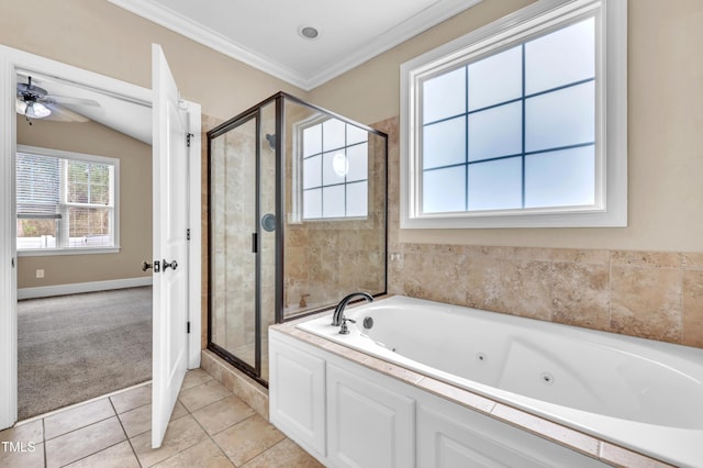 full bathroom with ceiling fan, a shower stall, crown molding, a jetted tub, and tile patterned floors