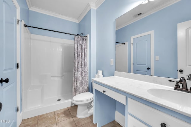 bathroom featuring visible vents, toilet, a shower with shower curtain, ornamental molding, and vanity