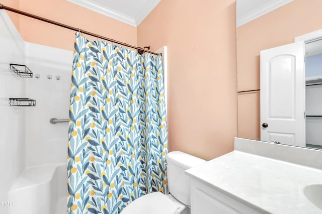 full bathroom with toilet, vanity, crown molding, and a shower with curtain