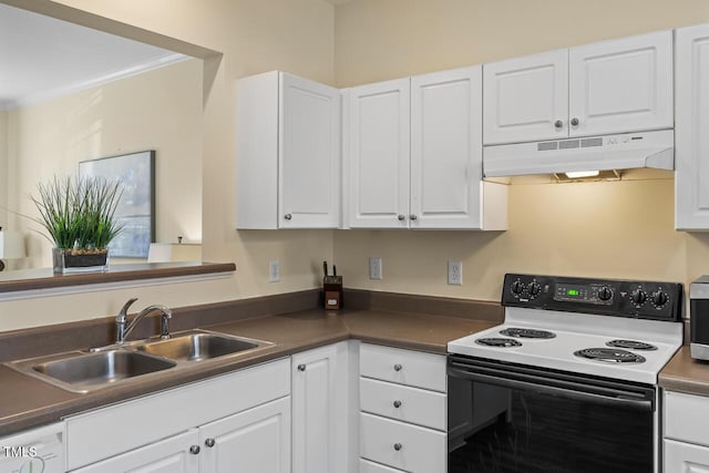 kitchen featuring under cabinet range hood, range with electric stovetop, a sink, white cabinetry, and ornamental molding