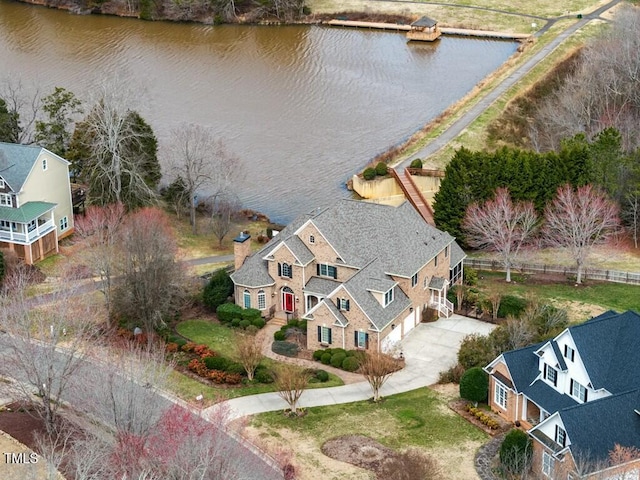 aerial view featuring a water view