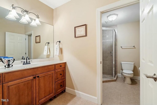 bathroom featuring toilet, a stall shower, vanity, and tile patterned floors