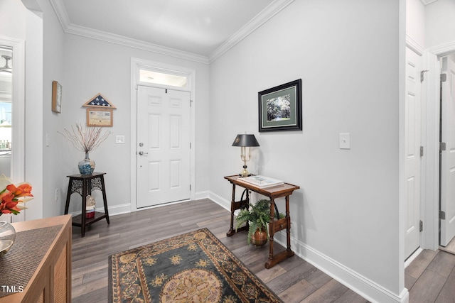 foyer entrance featuring baseboards, wood finished floors, and crown molding