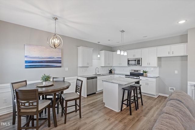 kitchen featuring white cabinets, a kitchen island, stainless steel appliances, and a sink