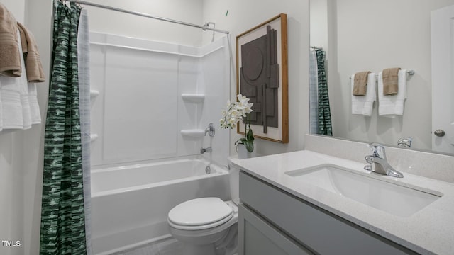 bathroom with toilet, shower / bathtub combination with curtain, and vanity