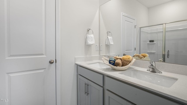 bathroom featuring double vanity, a shower stall, and a sink