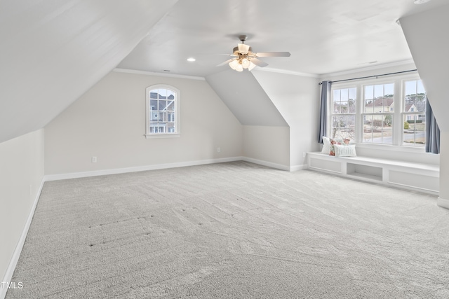 bonus room with carpet floors, lofted ceiling, recessed lighting, a ceiling fan, and baseboards