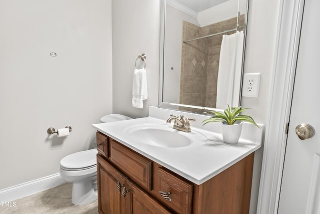 full bathroom featuring baseboards, toilet, tile patterned floors, curtained shower, and vanity