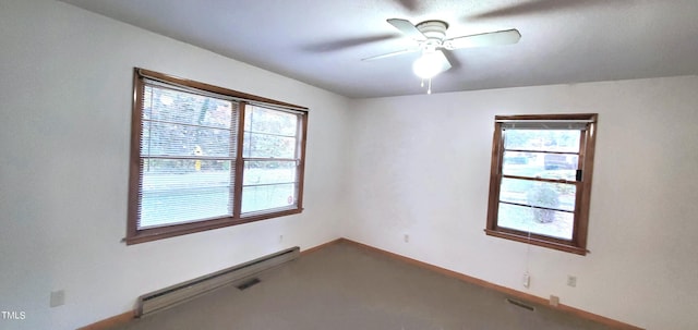 spare room featuring visible vents, a ceiling fan, and baseboards