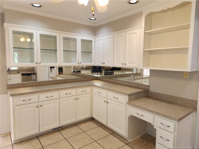 2814 Millbrook Rd, Fayetteville, NC 28303 - kitchen featuring white cabinets, stainless steel dishwasher, open shelves, glass insert cabinets, and crown molding