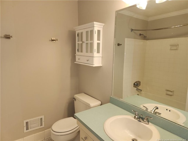 2814 Millbrook Rd, Fayetteville, NC 28303 - bathroom with shower / tub combination, toilet, vanity, visible vents, and crown molding