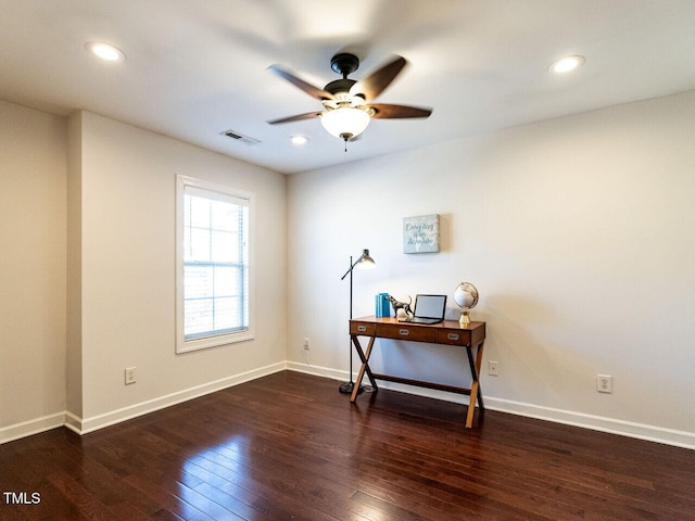 office featuring hardwood / wood-style floors, recessed lighting, a ceiling fan, and baseboards