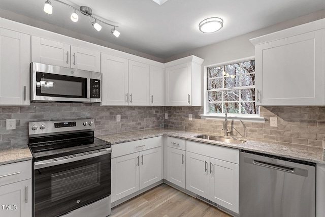 kitchen with stainless steel appliances, a sink, white cabinetry, and decorative backsplash