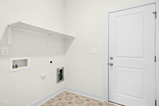 clothes washing area with laundry area, baseboards, gas dryer hookup, washer hookup, and electric dryer hookup