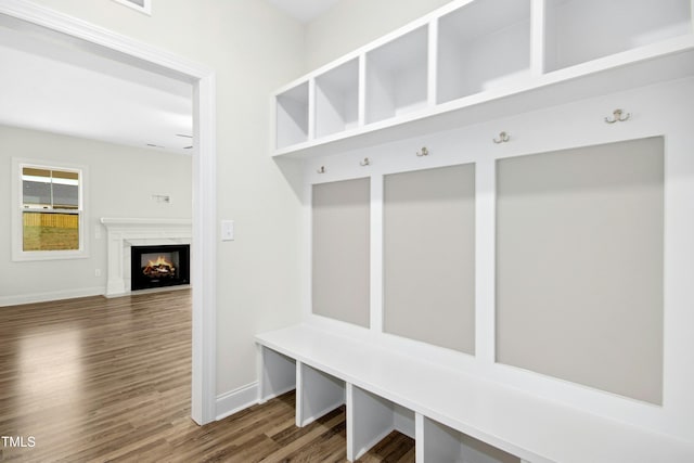 mudroom with dark wood-style flooring, baseboards, and a premium fireplace