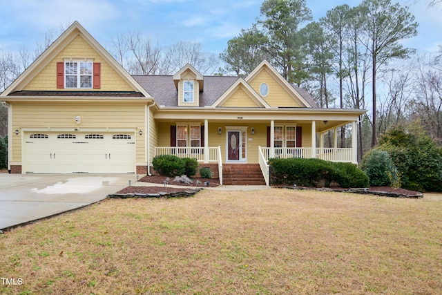 view of front of property featuring a front lawn, covered porch, roof with shingles, and concrete driveway