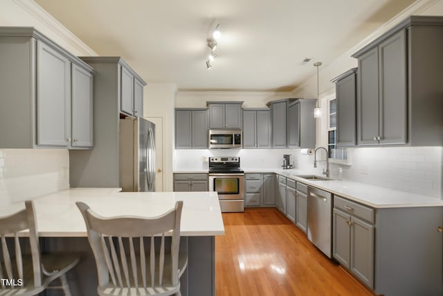 kitchen with light wood finished floors, gray cabinetry, appliances with stainless steel finishes, a sink, and a peninsula