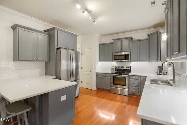 kitchen featuring gray cabinetry, a peninsula, a sink, appliances with stainless steel finishes, and light wood finished floors