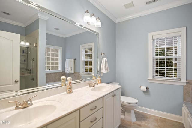 full bathroom featuring ornamental molding, a sink, and a shower with shower door