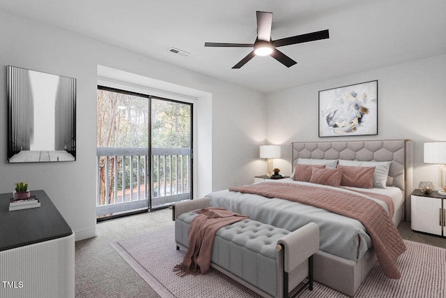 bedroom with access to exterior, carpet flooring, visible vents, and ceiling fan