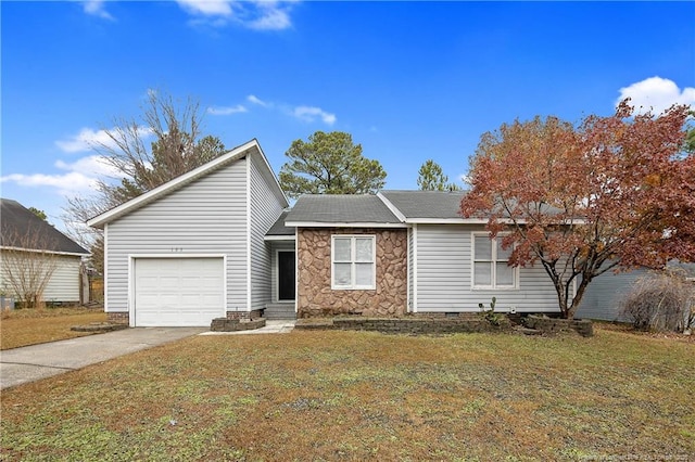 view of front of property featuring a front lawn, crawl space, stone siding, and concrete driveway