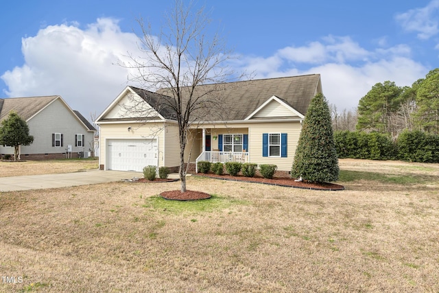 view of front facade with a garage, a front yard, a porch, and driveway