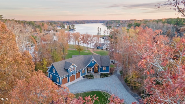 aerial view featuring a water view and a view of trees