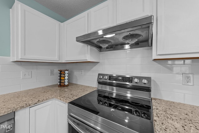 kitchen with stainless steel appliances, tasteful backsplash, white cabinetry, and under cabinet range hood