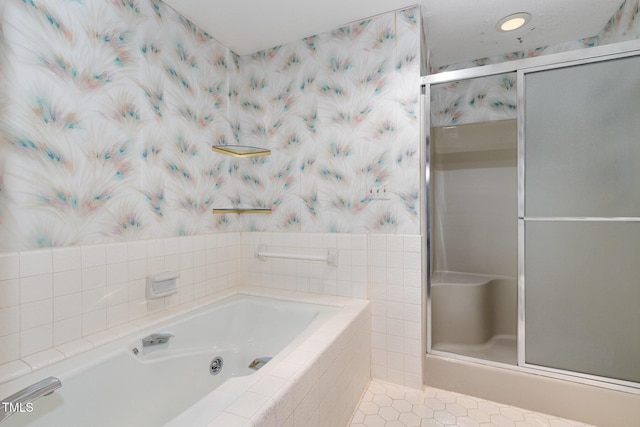 bathroom with tile patterned flooring, a garden tub, recessed lighting, a shower stall, and wallpapered walls