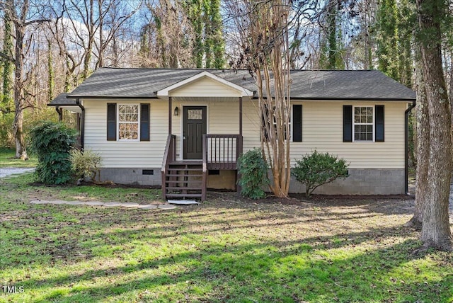 ranch-style house featuring crawl space, a shingled roof, a porch, and a front lawn