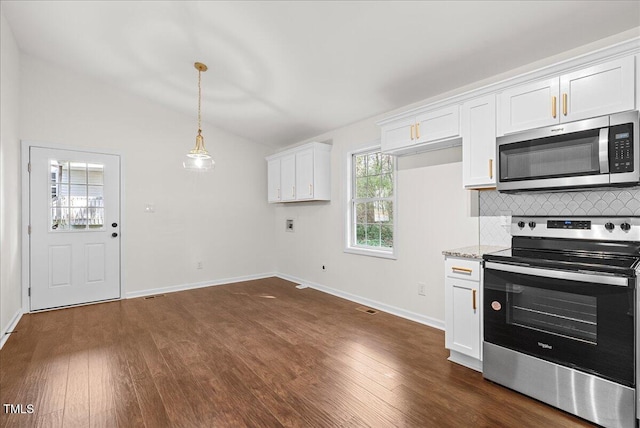 kitchen featuring stainless steel appliances, lofted ceiling, dark wood-style flooring, and white cabinetry