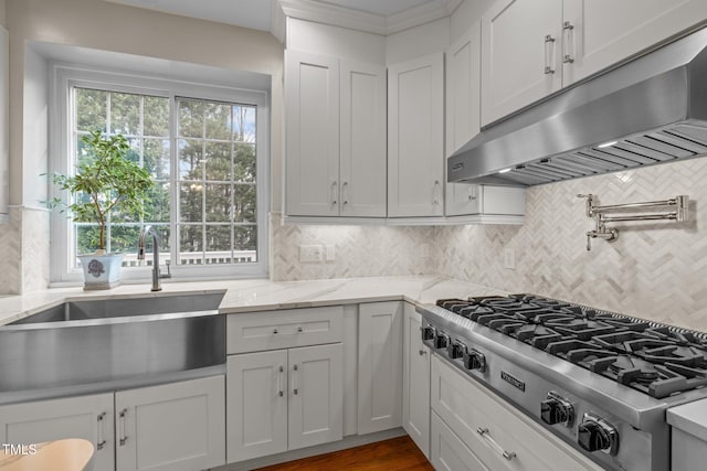 kitchen with light stone counters, a sink, decorative backsplash, stainless steel gas stovetop, and under cabinet range hood