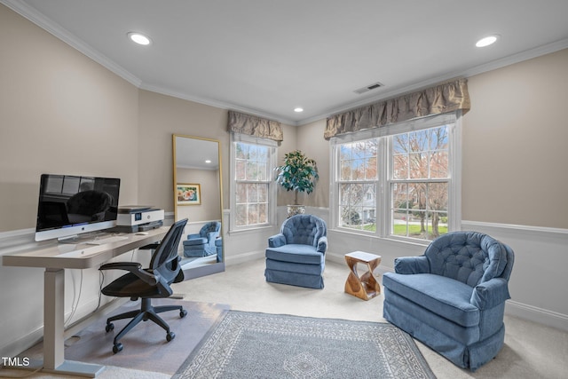 carpeted office space featuring visible vents, recessed lighting, baseboards, and ornamental molding