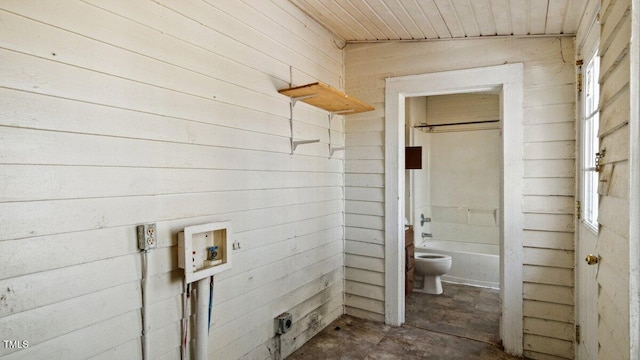 laundry room with laundry area, washer hookup, wood ceiling, and wooden walls