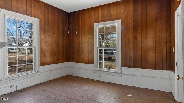 spare room with wood-type flooring, plenty of natural light, and wooden walls