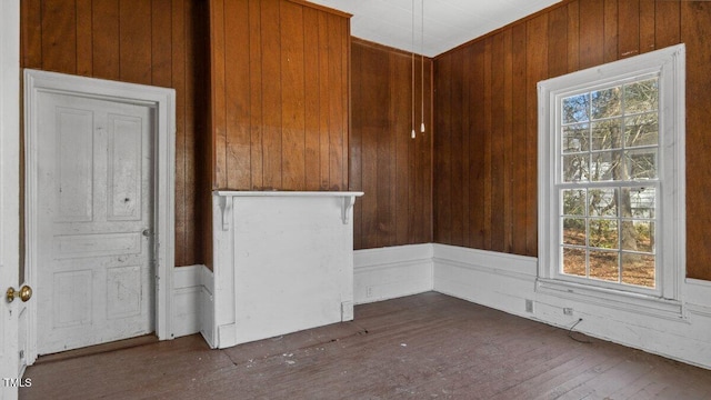 unfurnished room with wood-type flooring and wooden walls