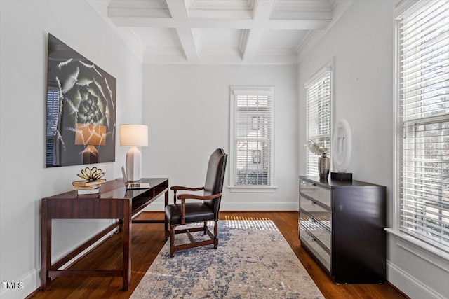 office area featuring dark wood-style flooring, coffered ceiling, plenty of natural light, and beam ceiling