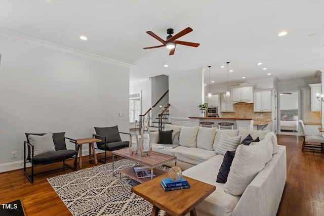 living room with stairs, dark wood finished floors, a ceiling fan, and recessed lighting