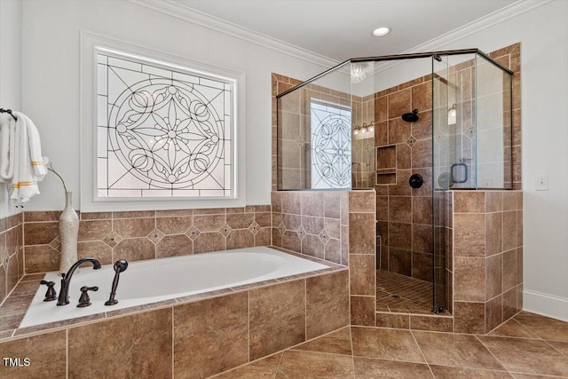 full bath featuring a bath, a stall shower, tile patterned flooring, and crown molding