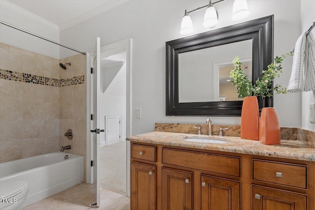 full bathroom with tile patterned flooring, toilet, vanity, shower / washtub combination, and crown molding