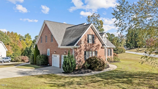 view of home's exterior featuring an attached garage, brick siding, concrete driveway, a lawn, and roof with shingles