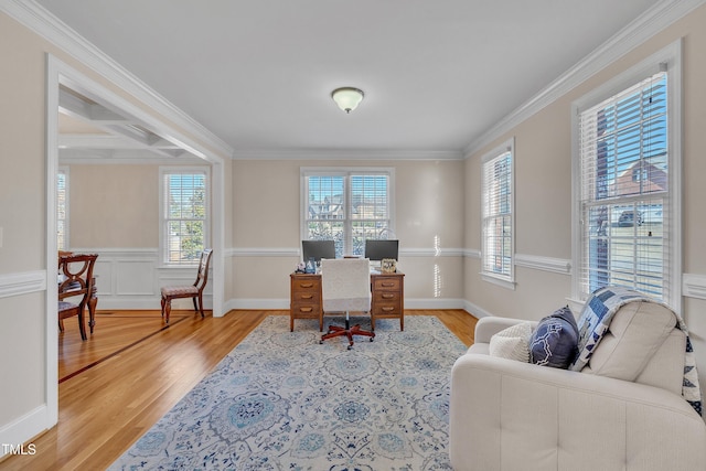 office area with ornamental molding, wainscoting, and wood finished floors