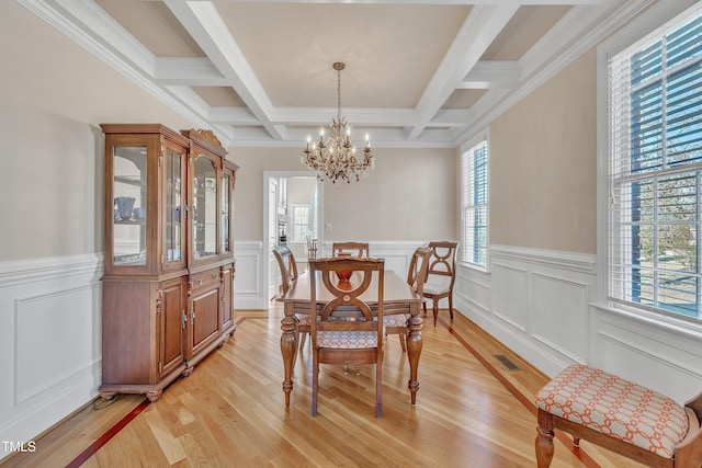 dining room with coffered ceiling, visible vents, light wood finished floors, beamed ceiling, and an inviting chandelier