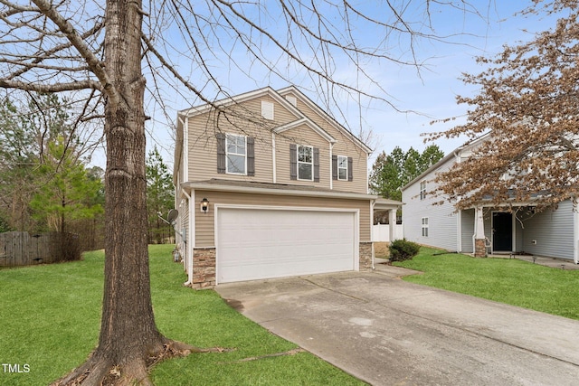 view of front facade with an attached garage, stone siding, a front lawn, and concrete driveway