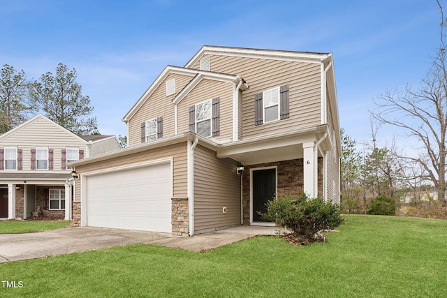 traditional home featuring a garage, stone siding, a front yard, and driveway