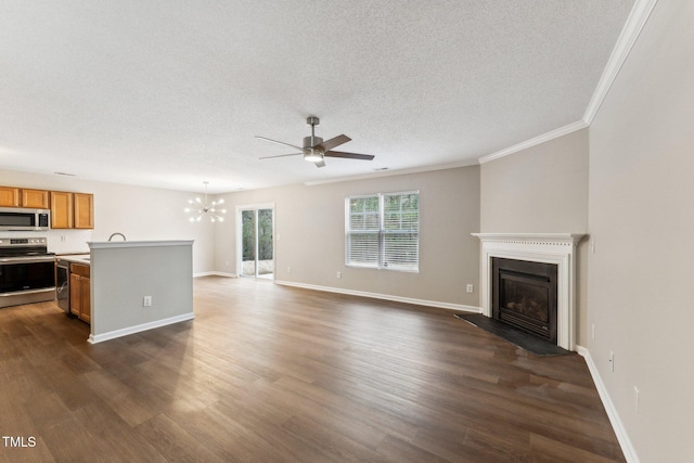 unfurnished living room featuring a fireplace with flush hearth, dark wood finished floors, a textured ceiling, and baseboards