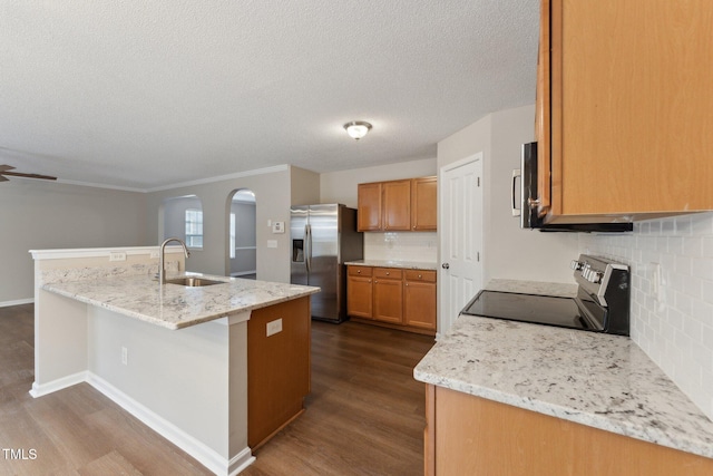 kitchen with dark wood-style floors, appliances with stainless steel finishes, arched walkways, and a sink