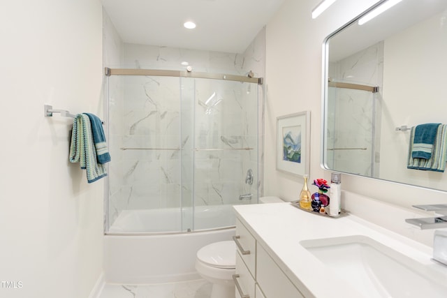 full bath with toilet, shower / bath combination with glass door, marble finish floor, vanity, and recessed lighting